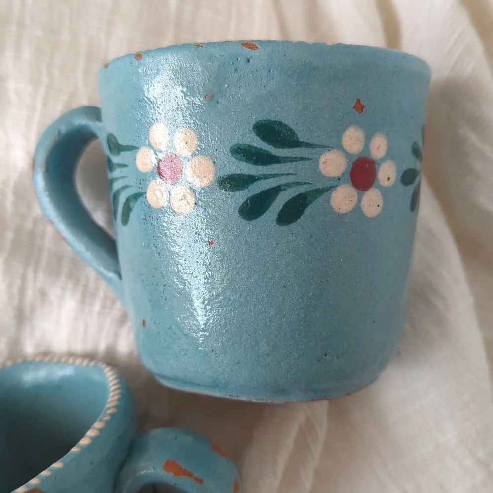 Artisan Made Handcrafted Blue Floral Mugs Set Of 2
